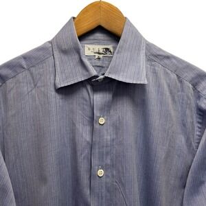 Sulka Men's Size 16/35 Blue Striped Long Sleeve Button Front Cotton Dress Shirt